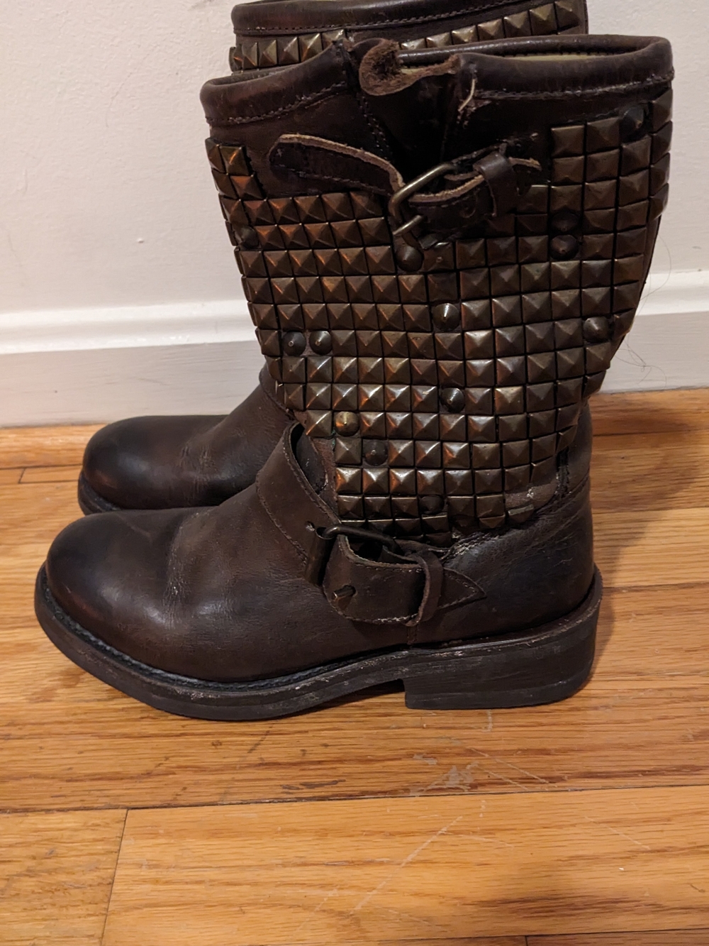 ASH Studded Brown Leather Mid-Calf Women's Moto Boots US 5 (EU 35)